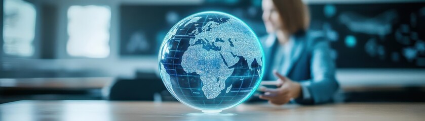 Poster - Confident Businesswoman in Professional Suit Examining a Globe Representing Global Opportunities and International Connections in Modern Corporate Environment
