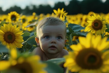 Wall Mural - Child boy peeks out in the sunflower field