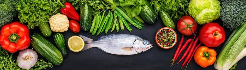 Poster - Vibrant Display of Fresh Fish Surrounded by an Array of Colorful Vegetables Creating a Healthy and Inviting Culinary Presentation in Natural Light