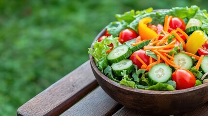 Aufkleber - Freshly Prepared Salad in a Rustic Wooden Bowl Surrounded by Natural Ingredients Highlighting Healthy Eating and Culinary Craftsmanship in a Cozy Setting