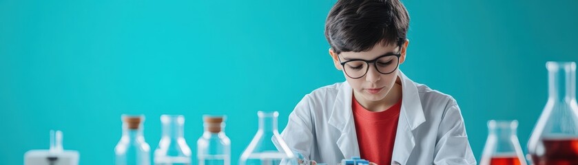 Poster - Young Boy in Lab Coat and Glasses Examining Colorful Liquid in a Bottle with Curiosity and Wonder in a Bright and Engaging Scientific Environment