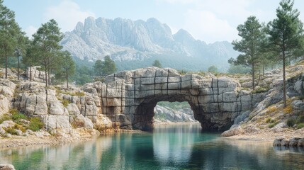 Sticker - Majestic stone arch bridge over tranquil mountain lake