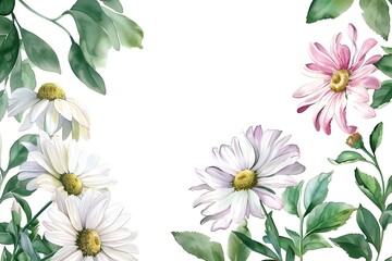 Fototapete - on the right is a botanical watercolor illustration of daisy branches with white and pink flowers and green leaves on a white background with a free space on the left