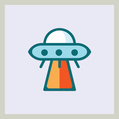 Poster - Iconic representation of a classic flying saucer with a beam of light, simple design