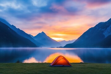 Aufkleber - Tranquil Scene of a Colorful Tent Set Up on Lush Green Grass Beside a Serene Lake Under Clear Blue Sky Evoking Peaceful Outdoor Adventure Vibes