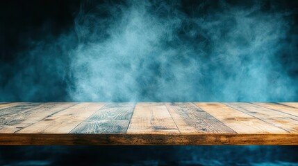 Poster - Mysterious Scene of Smoke Rising from a Rustic Wooden Table Surrounded by Dim Lighting Creating an Enigmatic and Atmospheric Ambiance in a Cozy Room