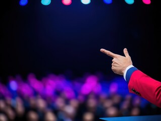 Poster - Charismatic Man in Bold Red Suit Engaging Enthusiastic Crowd with Pointing Gesture Radiating Confidence and Style in an Electric Atmosphere of Excitement