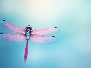Poster - Graceful Pink Dragonfly Soaring Through Clear Blue Sky with Delicate Wings Glimmering in Sunlight Symbolizing Freedom and Natural Beauty in Flight