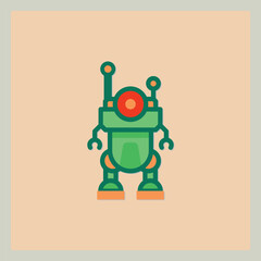 Poster - Stylized robot icon with antenna and circular red face in green and orange shades