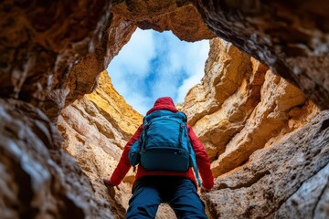 Poster - A Solitary Figure Walking Through a Majestic Narrow Canyon Surrounded by Towering Rock Formations and Bathed in Warm Natural Light and Shadows