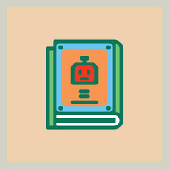 Poster - A stylized icon of a book with a robot design, presented in a flat, modern aesthetic