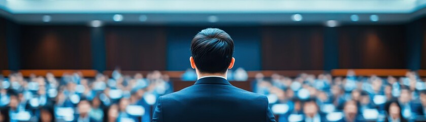 Poster - Confident Man in Formal Suit Addressing Engaged Audience in a Professional Setting with Bright Lighting Creating an Inspiring Atmosphere of Leadership