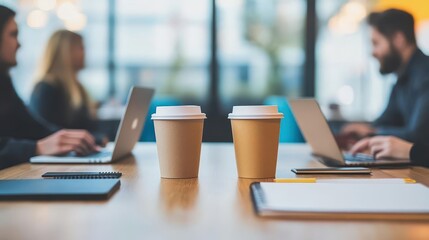 Poster - Two Individuals Engaged in Productive Discussion at a Cozy Cafe Table Surrounded by Laptops and Coffee Creating a Warm and Inviting Atmosphere