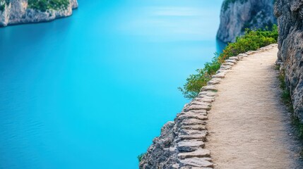 Poster - Tranquil Pathway Leading Through Lush Greenery Toward a Beautiful Ocean View Under Clear Blue Sky Evoking Peaceful Seaside Escape and Natural Beauty