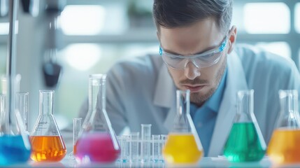Leinwandbilder - Scientist in Laboratory Coat and Safety Goggles Analyzing Colorful Liquid in Test Tube Illuminated by Bright Overhead Lights Creating a Curious Atmosphere