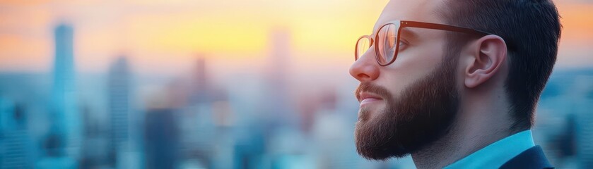 Poster - Thoughtful Man with Glasses Gazes Intently at Bustling Cityscape Below Surrounded by Skyscrapers and Urban Life Evoking a Sense of Wonder and Reflection