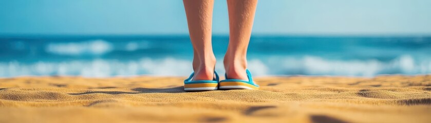 Aufkleber - A Woman Relaxing on Sandy Beach with Bare Feet Buried in Warm Soft Sand Enjoying a Calm Day Under the Sun Surrounded by Scenic Natural Beauty