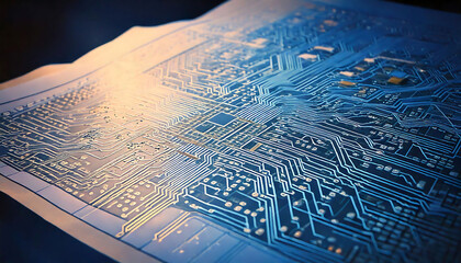 Poster - Close-up of a circuit board's intricate design, showcasing its complex pathways and components.