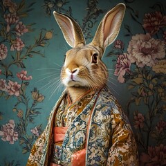 Wall Mural - A rabbit dressed in a traditional kimono against a floral backdrop