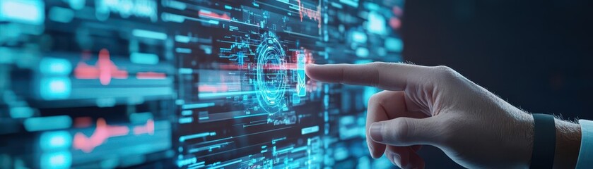 Leinwandbilder - A Close-Up of a Hand Interacting with a Futuristic Digital Interface Glowing with Colorful Icons and Data Visualizations in a Modern Tech Environment