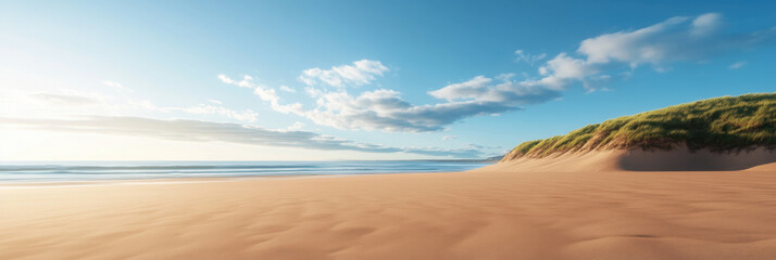 serene view of calm beach with gentle waves, soft sand, and lush green hills under clear blue sky. tranquil atmosphere invites relaxation and peace