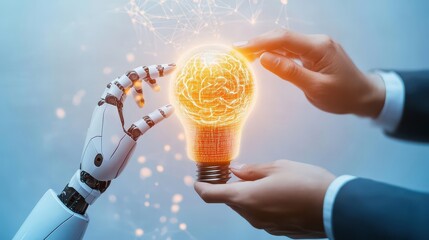 Poster - Two Hands Gently Cradling a Bright Light Bulb Featuring a Small Robot Inside Symbolizing Innovation Creativity and the Future of Technology