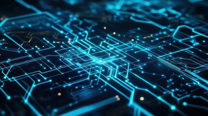Fototapete - Intricate Circuit Board Design Illuminated with Striking Blue Lights Highlighting the Complexity and Innovation of Modern Electronic Technology