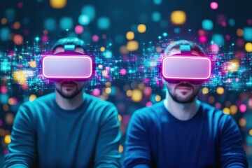 Aufkleber - Engaging Interaction between Two Individuals Wearing Virtual Reality Glasses in a Modern Setting Highlighting Technology and Digital Exploration Experience