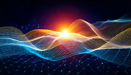 Poster - Stunning abstract image of flowing, interconnected lines in vibrant blue and orange hues.  Perfect for technology, data visualization, or network concepts.