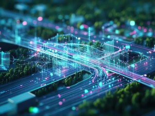 Poster - Vibrant Cityscape Illuminated by a Sea of Colorful Lights Nestled Amongst Lush Green Trees Creating a Lively Urban Atmosphere at Night