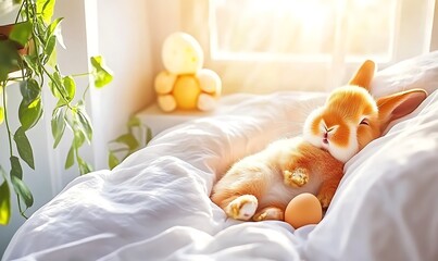 Canvas Print - Adorable bunny resting peacefully on a cozy bed with sunlight streaming in