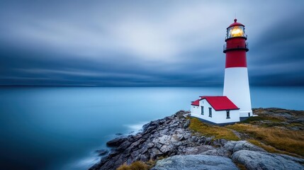 Poster - Majestic Lighthouse Standing Tall on Rugged Rocky Shoreline Under Clear Blue Skies with Waves Crashing Creating a Dramatic Coastal Landscape Scene