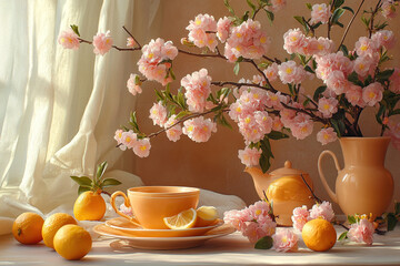 Poster - Orange tea in cup with ripe fruits and spring flowers