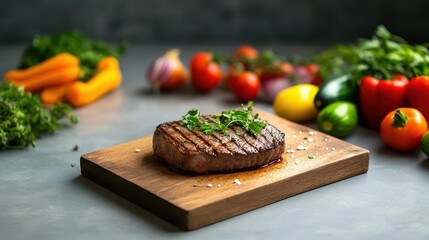 Poster - Juicy Steak Plated on Rustic Wooden Board Accompanied by Fresh Vegetables and Aromatic Herbs Creating a Delicious and Inviting Culinary Experience