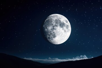 Poster - Radiant Full Moon Illuminating Starry Night Sky Over Tranquil Landscape Creating a Dreamy Atmosphere with Ethereal Beauty and Peaceful Serenity
