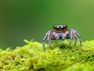 Poster - Vibrant Jumping Spider with Striking Blue Eyes Showcasing Intricate Patterns and Agile Movement in a Natural Habitat Filled with Greenery