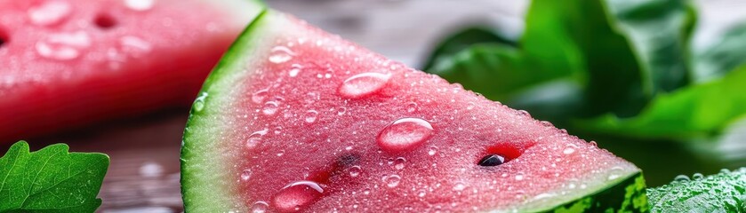 Poster - Vibrant Watermelon Slices Stacked Artfully on a Wooden Cutting Board Surrounded by Fresh Green Leaves Evoking a Refreshing Summer Vibe and Wholesome Snack