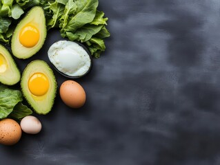 Poster - A Vibrant Arrangement of Fresh Eggs Avocados Spinach and Green Vegetables on a Dark Background Showcasing Healthy Eating and Culinary Aesthetics
