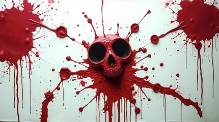 Poster - Red splatter art featuring a black-eyed skull on a white canvas. Generative AI