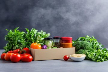 Poster - Vibrant Assortment of Fresh Vegetables and Flavorful Sauces in a Rustic Wooden Box Highlighting Healthy Eating and Culinary Creativity in Home Cooking