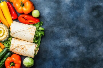 Aufkleber - Vibrant Assortment of Fresh Vegetables and Flavorful Wraps with Creamy Hummus Arranged Artistically on a Rustic Plate for a Wholesome Meal Experience