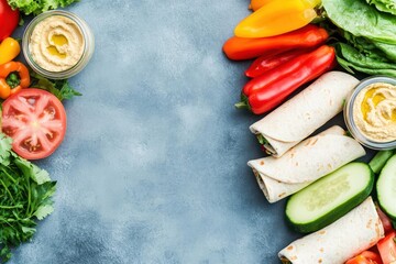 Aufkleber - Colorful Assortment of Fresh Vegetables and Healthy Wraps on Bright Blue Background Showcasing Vibrant Colors and Wholesome Culinary Creativity