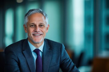 Aufkleber - Confident Businessman in Formal Attire Expressing Happiness with a Warm Smile in an Urban Office Environment Radiating Professionalism and Success