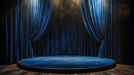 Poster - Dark blue velvet stage curtains backdrop with spotlight and circular platform.