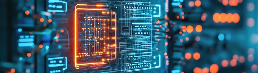Fototapete - Intricate Circuit Board Design with Luminous Pathways Illuminating Technology and Innovation in a Modern Electronic Environment