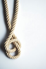 Wall Mural - Beige rope knot on white background, studio shot, abstract texture, design element