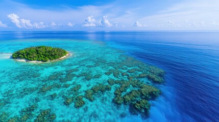 Poster - A Serene Isolated Island Surrounded by Crystal Clear Turquoise Waters and Lush Greenery Under a Bright Blue Sky Evoking Tranquility and Natural Beauty