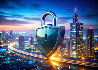Poster - Panoramic Cybersecurity Shield & Padlock: Digital Security Concept Stock Photo