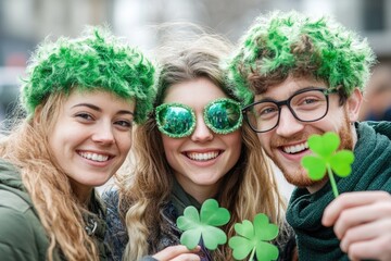 Wall Mural - Festive celebration with friends in green wigs and accessories for st. patrick's day fun