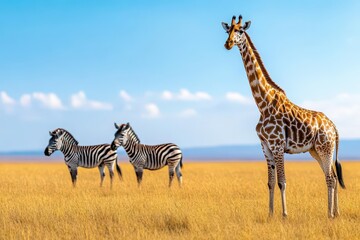 Aufkleber - A Majestic Giraffe Gracefully Standing Tall Amidst Lush Green Grasses Underneath a Clear Blue Sky Evoking a Sense of Freedom and Natural Beauty